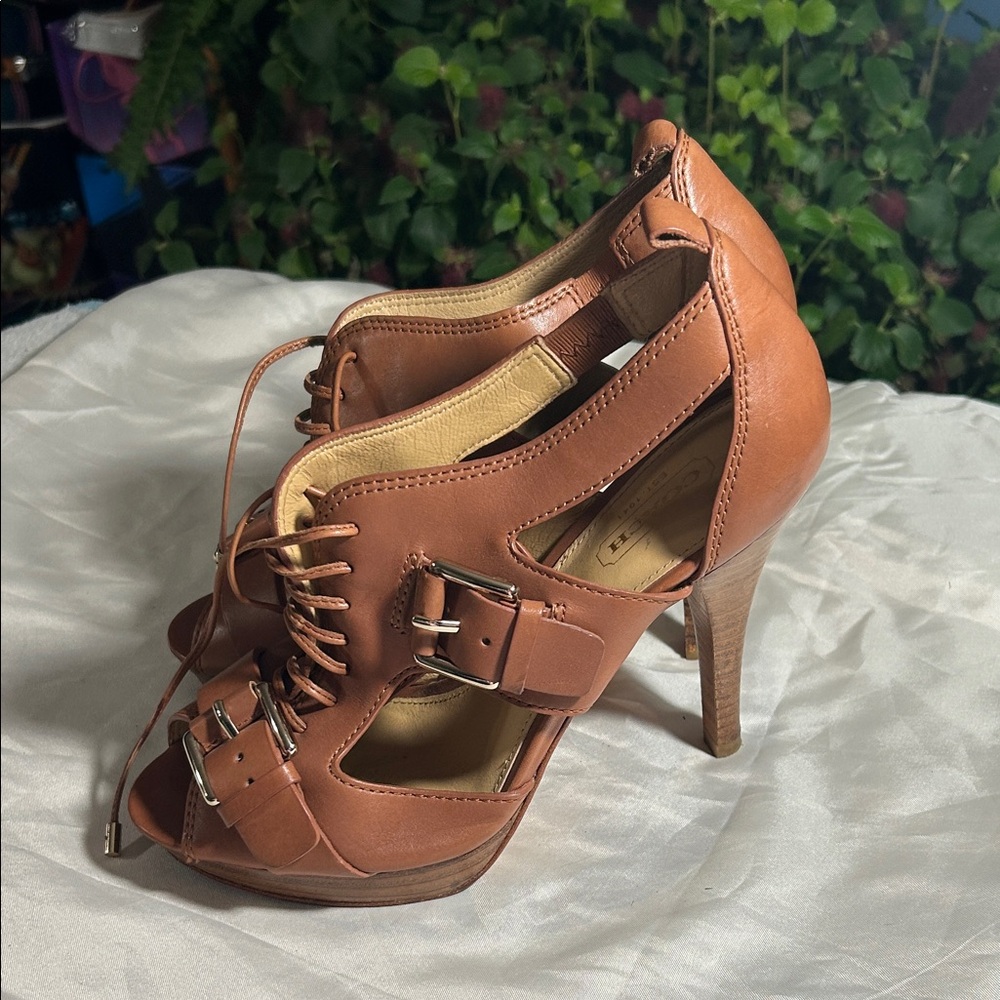Coach Tan Lace-Up Heels
